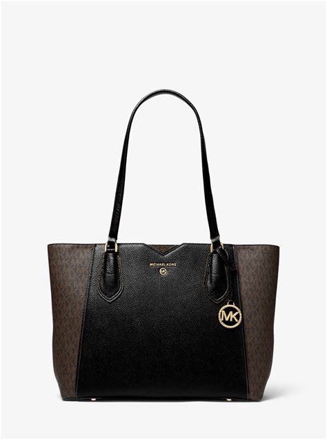 michael kors large mae|Mae Medium Pebbled Leather and Logo Tote Bag .